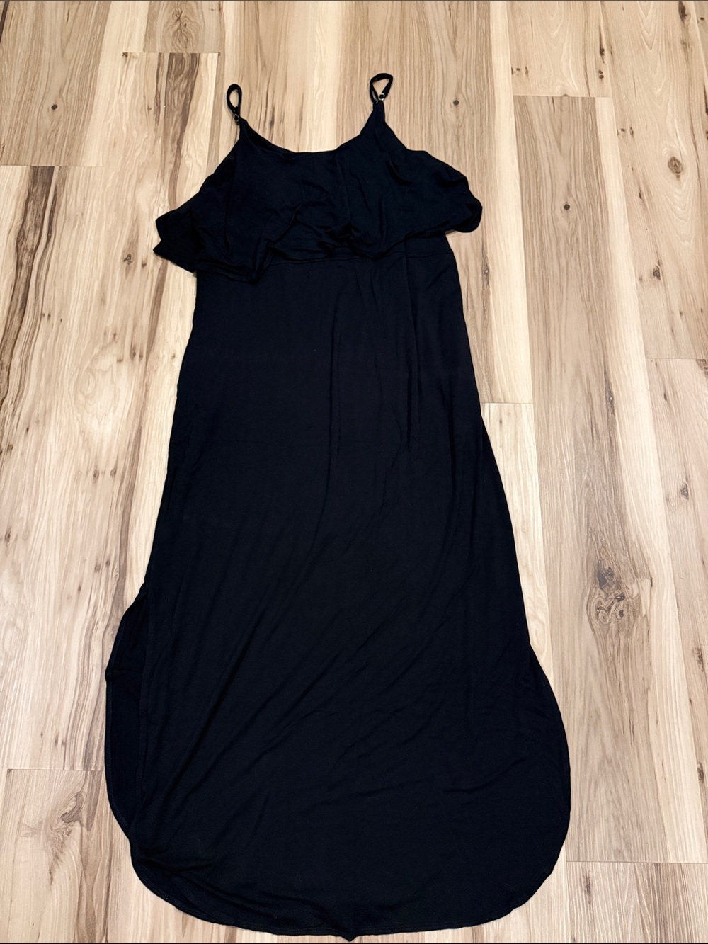 Softest Material!!! white birch Black Ruffle Maxi Dress with Spaghetti Straps